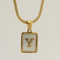 Minimalist gold square necklace with white shell inlay and relief letter Y charm - Letter Y