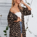 Detail shot of sheer leopard print long sleeve cardigan with lapel on a model - S / Coffee