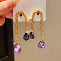 Elegant gold-tone S925 silver needle drop earrings with purple and blue pear-shaped gems - Gold-Purple-Twisted Rope Waterdrop