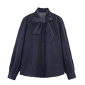 Chemise en jean bleu foncé pour femme avec nœud papillon élégant et boutons devant - XS / Bleu foncé