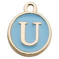 Light blue and gold enamel charm featuring round pendant with the English letter U - Letter U / 1 Piece (12x14mm) / Lake Blue