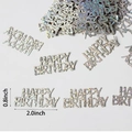 Silver holographic Happy Birthday confetti 100pc set showing 2x0.8 inch dimensions - 100 Pieces / Double-sided Holographic Dots