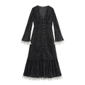 Elegante lange jurk met polkadots, V-hals, kantafwerking en parelknopen in het zwart - XS / Zwart