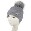 Grey cable knit beanie for women with large faux fur pompom and metal M logo - L(58-60cm) / Gray