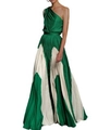 Elegant green and beige off-shoulder pleated maxi dress with a silky satin finish - S / All Green