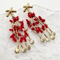 Bohemian gold starfish and coral red fringe earrings with shell pendants on white backdrop - Red (TZ-E0718-02)