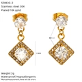 Macro view of 18k gold plated stainless steel square zircon stud earrings, 11mm size - White (SE863G-2)
