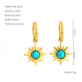 18K gold plated stainless steel sun earrings with blue turquoise center inlay - Sunbeam Blue Turquoise Style (474)