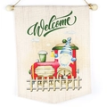 Welcome linen Christmas banner with a red train and gnome design on a wooden rod - Christmas Gnome Train