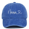 Detailed close-up of Nana embroidery and white heart on washed navy cotton baseball cap - Sapphire Blue