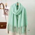 Dettaglio della sciarpa verde menta con nappe in morbida maglia abbinata a un cappotto - Verde Menta