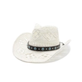 Cappello da cowboy in paglia bianca intrecciata con dettagli traforati e perline - M (56-58cm) / Bianco