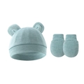 Detail of infant heathered cyan knit hat with cute round ears and anti-scratch mittens - Hat And Gloves / Heather Gray Blue