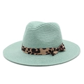 Detail of mint green straw fedora hat featuring leopard print ribbon and fine woven texture - M (56-58cm) / Mint Green