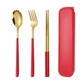 Golden 304 stainless steel cutlery set with red handle and portable storage case - Red Gold Spoon Fork Chopsticks 3-piece Set
