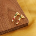 Champagne gold rectangular earrings with red, green and white gemstones on wood surface - Champagne Gold Multi-color Zircon