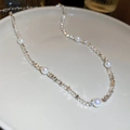 Minimalist silver metal cube and white pearl choker necklace for women's jewelry - 13# Necklaces - Silver - Crushed Silver & Pearl