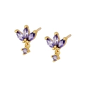 Detailed macro view of gold butterfly earrings set with sparkling purple zircon stones - Purple Gold