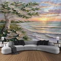 Detalle de tapiz 3D de flores y playa que muestra un paisaje marino sobre un sofá gris - 150x130cm / Atardecer Playa Flores