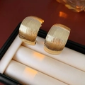 Detailed close-up of gold chunky C-shaped hoop earrings with textured stripes in a jewelry box - Stainless Steel Post - Gold