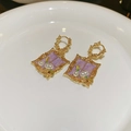 Vintage gold frame earrings with purple shimmer, pearls and green leaves detail - Purple Square Pearl Ear Buckle