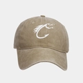 Front view of washed distressed khaki baseball cap with white fish hook logo - Adjustable / Khaki