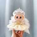 Labubu doll in beige mesh tutu dress with silver diamond crown and white feather wings - Crown Angel Set / First And Second Generation Keychains Are Compatible With La Cloth Dolls. Dolls Not Included.