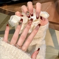 Uñas postizas largas tipo ataúd francesas con degradado marrón y cristales de lujo - Con kit de herramientas / Fiesta de Té Marrón (W61)