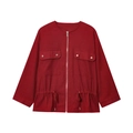 Women's burgundy linen blend safari jacket with gold hardware on white background - XS / Red
