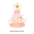 Roze vilten verjaardagsmuts met happy birthday tekst en een schattig madeliefje - Madeliefje Verjaardagshoed - Roze