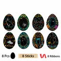 DIY Easter egg scratch art kit with 8 cards, 8 wooden sticks and 8 red ribbons - Scratch Art Egg 8Pcs Set (8 Eggs + 8 Pens + 8 Ribbons)