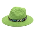 Close-up of green straw fedora hat with snakeskin band and gold metal buckle detail - M (56-58cm) / Fruit Green
