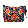 Portable floral makeup bag with vibrant symmetric patterns and black wrist strap handle - Multicolor Symmetrical Retro Floral (xy-036-03) / With Wristlet