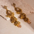 Detailed macro of vintage Jhumka earrings with champagne crystals and golden tassels - Gold Wind Chime Tassel Drop / Steel Earring Post / Gold
