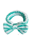 Blue and white striped coral fleece headband with a soft plush bow for face washing - Green and White Striped