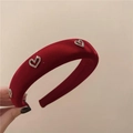 Padded velvet headband in wine red color featuring sparkling crystal heart ornaments - 5 Hearts Rhinestone Style / Red