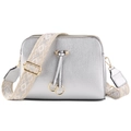 Silver textured leather crossbody bag with gold hardware and geometric woven strap - Silver