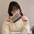 Detail of plush brown and white striped mini storage bag with pink ring zipper - Wheat Ear