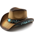 Bohemian gradient cowboy straw hat with flower embroidery and turquoise buckle - M (56-58cm) / Khaki