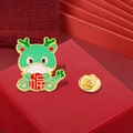 Cartoon Chinese dragon enamel brooch in green and red with Fu character and gold pin - Green Dragon Fortune