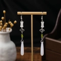 Traditional Chinese long tassel earrings with white jade beads and silver clouds - Silver Cloud White Bead Green Trim (E2405-6)