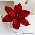 30cm Red velvet poinsettia Christmas flower with glitter edges and 15cm stem for tree decor - Red