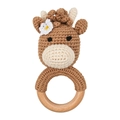Handmade crochet baby rattle with a brown cow head design on a natural wooden ring - Flower Cow