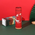 Smart LED temperature display red vacuum flask with elegant Chinese floral and bird motifs - 16oz / Matte National Style Red / Floral Illustration