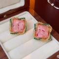 Vintage gold square earrings featuring green rhinestones and pink resin floral inserts - 51# Gold Pink Square Dried Flower (Silver Earring Post)
