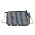 Blue denim patchwork crossbody bag with frayed fringe edges and silver chain strap - Twill Denim