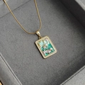 Vintage oil painting pendant necklace with green enamel, pearls and rhinestones on gold chain - Oil Painting Pearl Pendant-Green 0362L