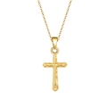 Polished gold S925 sterling silver necklace with a hammered cross pendant on white back - Hammered Cross Necklace / 14K Gold Plated