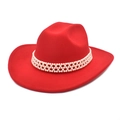 Red wool felt western cowboy hat with elegant three-row white pearl decorative band - M (56-58cm) / Red