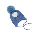 Close-up of navy blue knitted baby hat with white heart pattern and pom-pom detail - Kids (49-52cm) / Blue